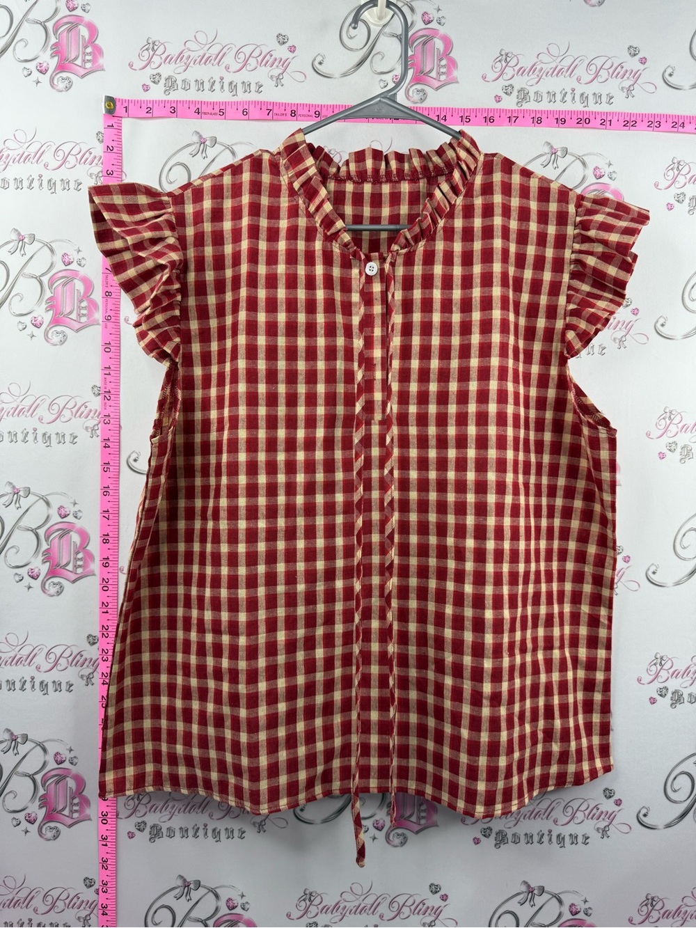 Shirt ruffle gingham Red Plaid Ruffle Sleeve Button-Front Top